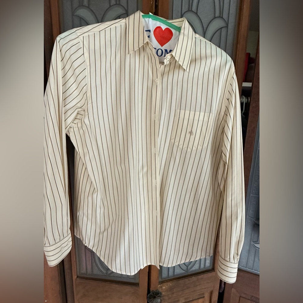Lauren Ralph Lauren ~Woman Size L~ Cream Striped Buttons
Casual Shirt Cotton.
